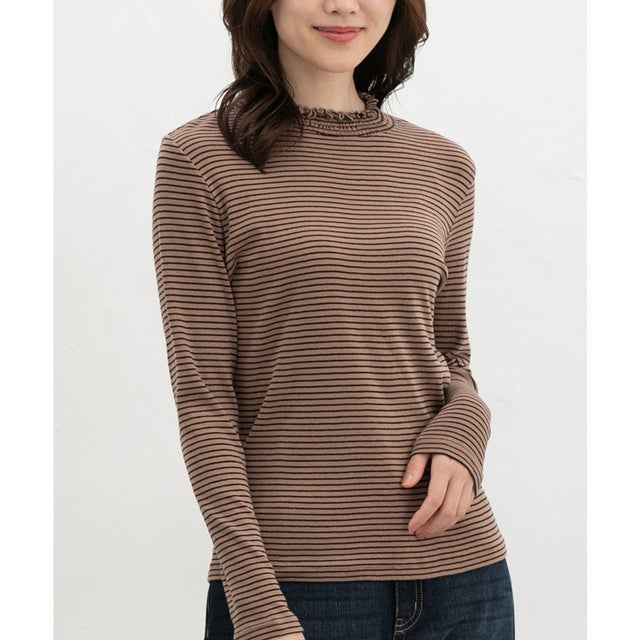 シャーリングハイネックT トップス Tシャツ ロンT 長袖Tシャツ カットソー 長袖 オーガニックコットン ハイネック シャーリング レディース （モカ×クロ）