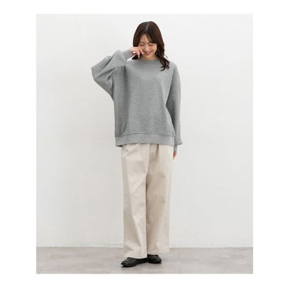 裏起毛ワッフルトップス トップス カットソー 長袖 ハニぽか あったか フリーサイズ クルーネック 裏起毛 ワッフル素材 カジュアル レディース （ターコイズ）｜詳細画像