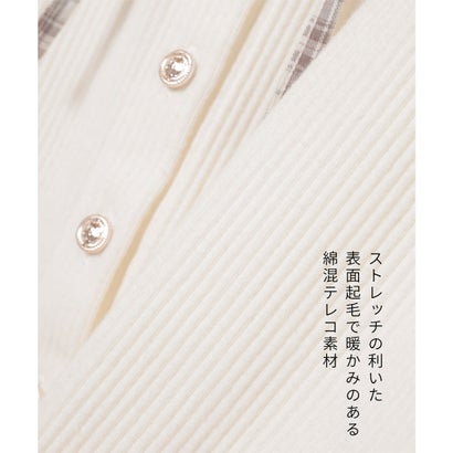 衿付トップス トップス カーディガン 長袖 衿付き リボン コンパクト フロントボタン 無地 チェック柄 ストレッチ 綿混 テレコ レディース （杢チャコール）｜詳細画像