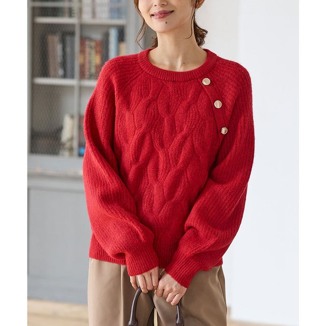軽ふわっ釦付ケーブル編ニット トップス ニット セーター 長袖 大きいサイズ 軽ふわっニット 再生ポリエステル ケーブル編み レディース （レッド）