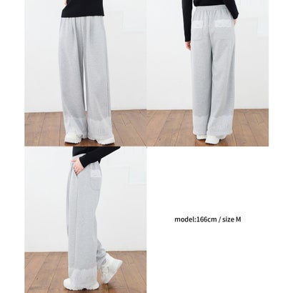 裾レース付ワイドパンツ ボトムス パンツ ワイドパンツ イージーパンツ ロングパンツ レース付き 綿混 ウエストゴム 大きいサイズ レディース （スミクロ）｜詳細画像