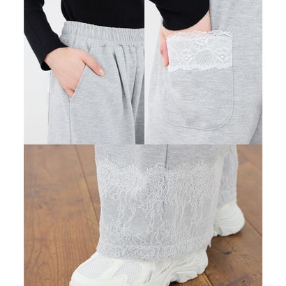 裾レース付ワイドパンツ ボトムス パンツ ワイドパンツ イージーパンツ ロングパンツ レース付き 綿混 ウエストゴム 大きいサイズ レディース （スミクロ）｜詳細画像