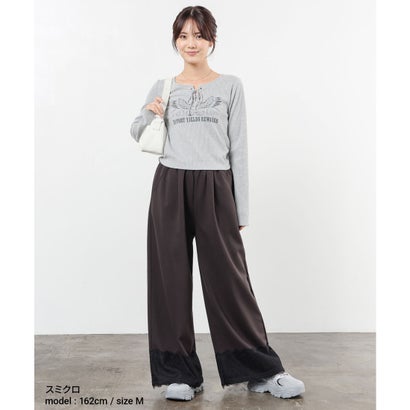 裾レース付ワイドパンツ ボトムス パンツ ワイドパンツ イージーパンツ ロングパンツ レース付き 綿混 ウエストゴム 大きいサイズ レディース （スミクロ）｜詳細画像