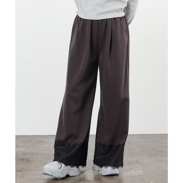 裾レース付ワイドパンツ ボトムス パンツ ワイドパンツ イージーパンツ ロングパンツ レース付き 綿混 ウエストゴム 大きいサイズ レディース （スミクロ）