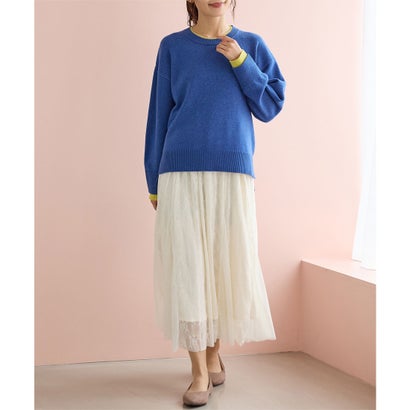レースロングスカート ボトムス スカート ロングスカート ロング丈 大きいサイズ フレアスカート チュールレース ドットチュール レディース （スモーキーブルー）｜詳細画像