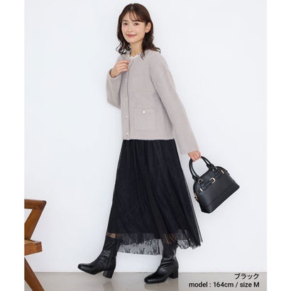 レースロングスカート ボトムス スカート ロングスカート ロング丈 大きいサイズ フレアスカート チュールレース ドットチュール レディース （ブラック）｜詳細画像