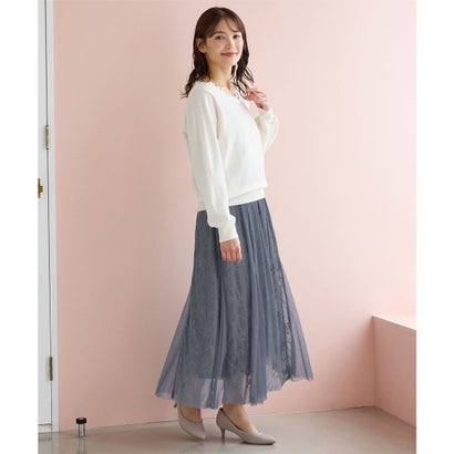 レースロングスカート ボトムス スカート ロングスカート ロング丈 大きいサイズ フレアスカート チュールレース ドットチュール レディース （アイボリー）｜詳細画像