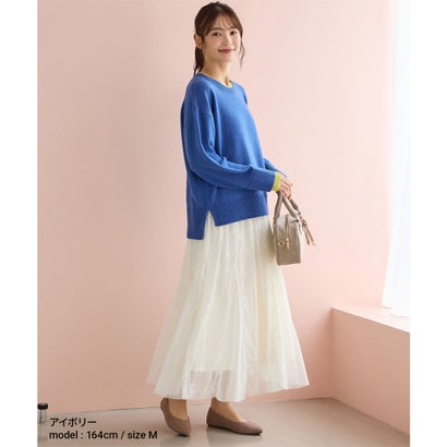 レースロングスカート ボトムス スカート ロングスカート ロング丈 大きいサイズ フレアスカート チュールレース ドットチュール レディース （アイボリー）｜詳細画像