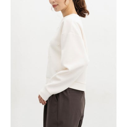 ビジュー付トップス トップス スウェット 長袖 ビジュー付き クルーネック 短め丈 ストレッチ レーヨン混 ドロップショルダー レディース （アイボリー）｜詳細画像