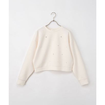 ビジュー付トップス トップス スウェット 長袖 ビジュー付き クルーネック 短め丈 ストレッチ レーヨン混 ドロップショルダー レディース （アイボリー）｜詳細画像
