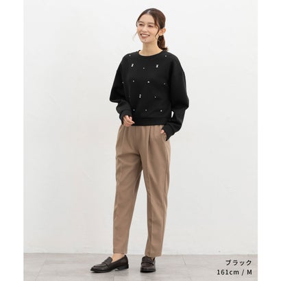 ビジュー付トップス トップス スウェット 長袖 ビジュー付き クルーネック 短め丈 ストレッチ レーヨン混 ドロップショルダー レディース （アイボリー）｜詳細画像