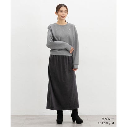 ビジュー付トップス トップス スウェット 長袖 ビジュー付き クルーネック 短め丈 ストレッチ レーヨン混 ドロップショルダー レディース （アイボリー）｜詳細画像