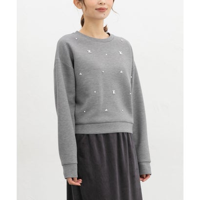 ビジュー付トップス トップス スウェット 長袖 ビジュー付き クルーネック 短め丈 ストレッチ レーヨン混 ドロップショルダー レディース （ブラック）｜詳細画像