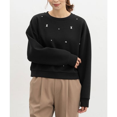 ビジュー付トップス トップス スウェット 長袖 ビジュー付き クルーネック 短め丈 ストレッチ レーヨン混 ドロップショルダー レディース （ブラック）｜詳細画像