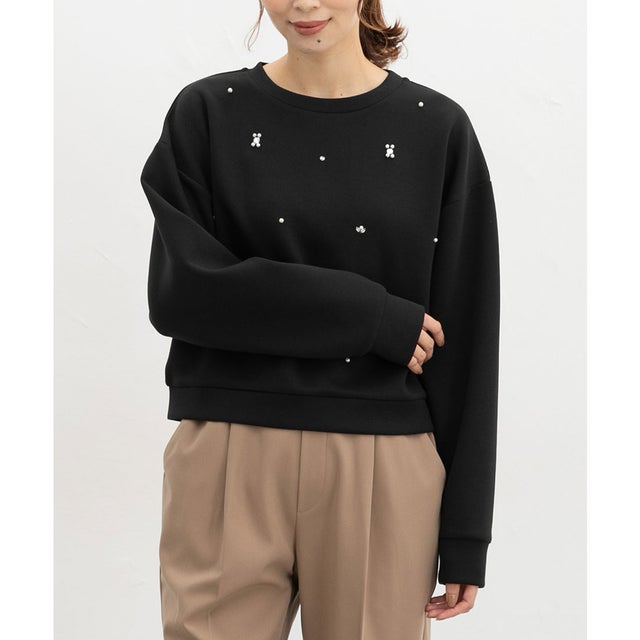 ビジュー付トップス トップス スウェット 長袖 ビジュー付き クルーネック 短め丈 ストレッチ レーヨン混 ドロップショルダー レディース （ブラック）