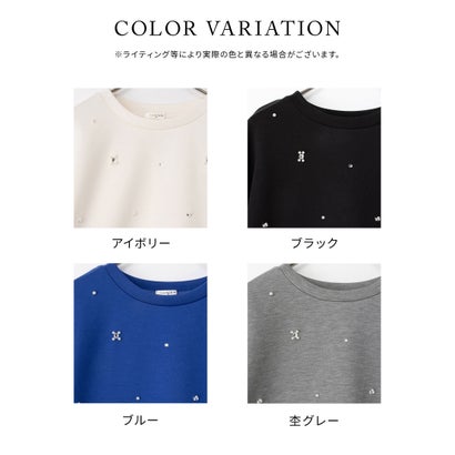 ビジュー付トップス トップス スウェット 長袖 ビジュー付き クルーネック 短め丈 ストレッチ レーヨン混 ドロップショルダー レディース （杢グレー）｜詳細画像