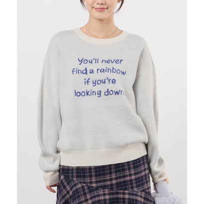 ロゴニット トップス ニット セーター 長袖 ロゴ クルーネック ジャカード ドロップショルダー ガーリー 冬 白 レディース （アイボリー）｜詳細画像