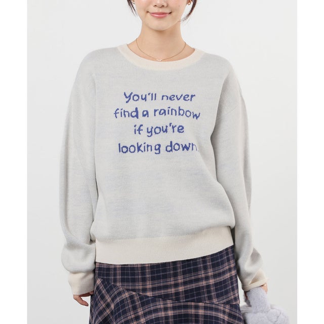 ロゴニット トップス ニット セーター 長袖 ロゴ クルーネック ジャカード ドロップショルダー ガーリー 冬 白 レディース （アイボリー）