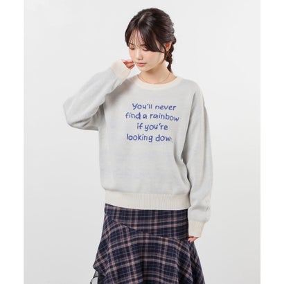 ロゴニット トップス ニット セーター 長袖 ロゴ クルーネック ジャカード ドロップショルダー ガーリー 冬 白 レディース （ネイビー）｜詳細画像