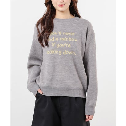 ロゴニット トップス ニット セーター 長袖 ロゴ クルーネック ジャカード ドロップショルダー ガーリー 冬 白 レディース （杢グレー）｜詳細画像