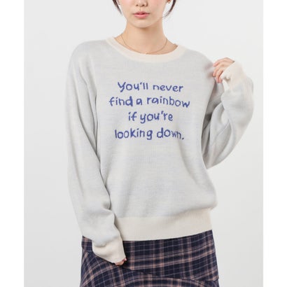 ロゴニット トップス ニット セーター 長袖 ロゴ クルーネック ジャカード ドロップショルダー ガーリー 冬 白 レディース （杢グレー）｜詳細画像