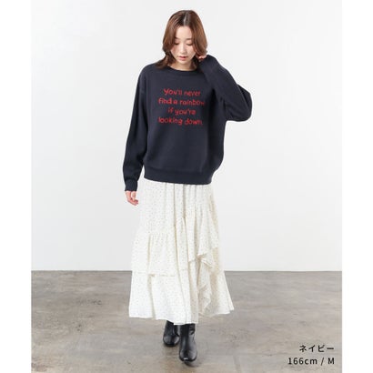 ロゴニット トップス ニット セーター 長袖 ロゴ クルーネック ジャカード ドロップショルダー ガーリー 冬 白 レディース （杢グレー）｜詳細画像