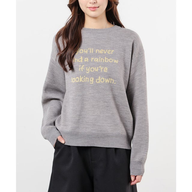 ロゴニット トップス ニット セーター 長袖 ロゴ クルーネック ジャカード ドロップショルダー ガーリー 冬 白 レディース （杢グレー）