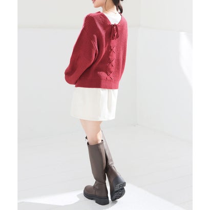 前後2wayレースアップニット トップス ニット セーター 長袖 レースアップ ボリューム袖 2way 短め丈 ガーリー 冬 白 黒 レディース （レッド）｜詳細画像