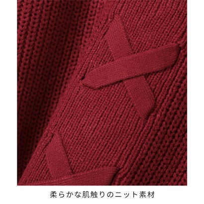 前後2wayレースアップニット トップス ニット セーター 長袖 レースアップ ボリューム袖 2way 短め丈 ガーリー 冬 白 黒 レディース （レッド）｜詳細画像