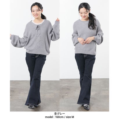 前後2wayレースアップニット トップス ニット セーター 長袖 レースアップ ボリューム袖 2way 短め丈 ガーリー 冬 白 黒 レディース （杢グレー）｜詳細画像