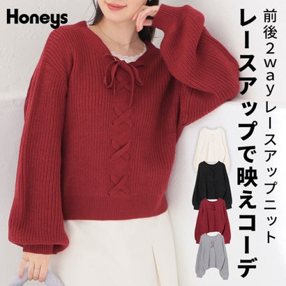 前後2wayレースアップニット トップス ニット セーター 長袖 レースアップ ボリューム袖 2way 短め丈 ガーリー 冬 白 黒 レディース （杢グレー）｜詳細画像