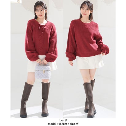 前後2wayレースアップニット トップス ニット セーター 長袖 レースアップ ボリューム袖 2way 短め丈 ガーリー 冬 白 黒 レディース （アイボリー）｜詳細画像