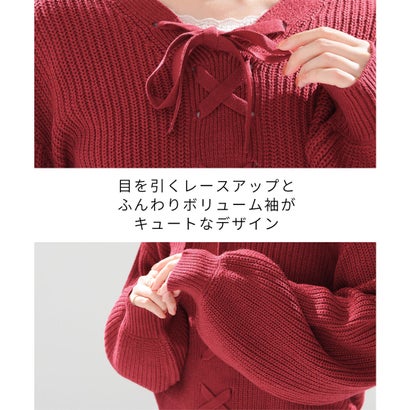 前後2wayレースアップニット トップス ニット セーター 長袖 レースアップ ボリューム袖 2way 短め丈 ガーリー 冬 白 黒 レディース （アイボリー）｜詳細画像