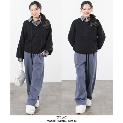 前後2wayレースアップニット トップス ニット セーター 長袖 レースアップ ボリューム袖 2way 短め丈 ガーリー 冬 白 黒 レディース （アイボリー）｜詳細画像