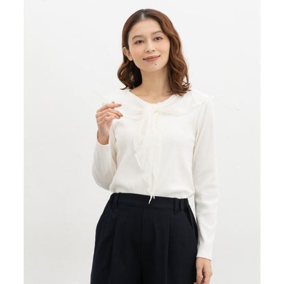 レースフリルトップス トップス カットソー 長袖 オフィス きれいめ レース フリル 2way ストレッチ 綿混 テレコ素材 レディース （スモーキーブルー）｜詳細画像