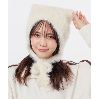 紐付きネコ耳ニット帽 帽子 ニット帽 ネコ耳 ひも付き 耳あて付き シャギー素材 無地 手洗い ガーリー 冬 白 レディース （アイボリー）｜詳細画像