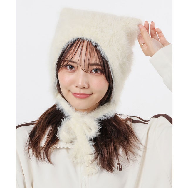 紐付きネコ耳ニット帽 帽子 ニット帽 ネコ耳 ひも付き 耳あて付き シャギー素材 無地 手洗い ガーリー 冬 白 レディース （アイボリー）