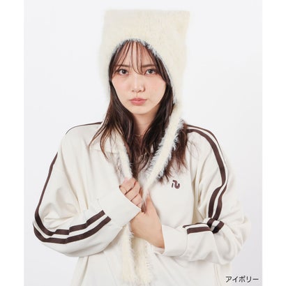 紐付きネコ耳ニット帽 帽子 ニット帽 ネコ耳 ひも付き 耳あて付き シャギー素材 無地 手洗い ガーリー 冬 白 レディース （サックス）｜詳細画像