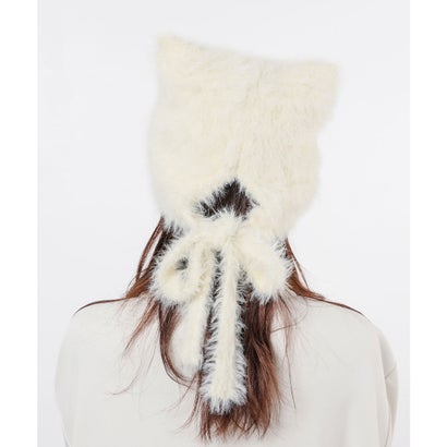 紐付きネコ耳ニット帽 帽子 ニット帽 ネコ耳 ひも付き 耳あて付き シャギー素材 無地 手洗い ガーリー 冬 白 レディース （チャコール）｜詳細画像