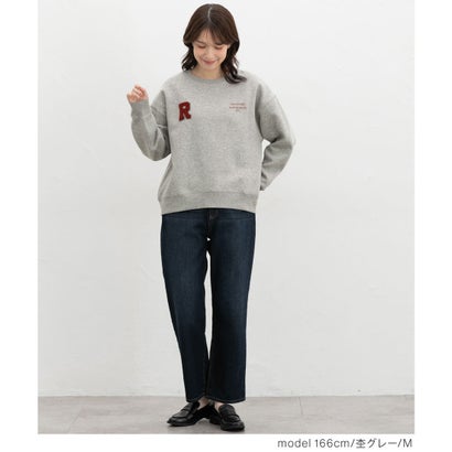 裏起毛ゆるワッペンロゴトップス トップス スウェット 長袖 ハニぽか あったか ゆったり サガラ刺繍 ワッペン ロゴ クルーネック レディース （杢グレー）｜詳細画像
