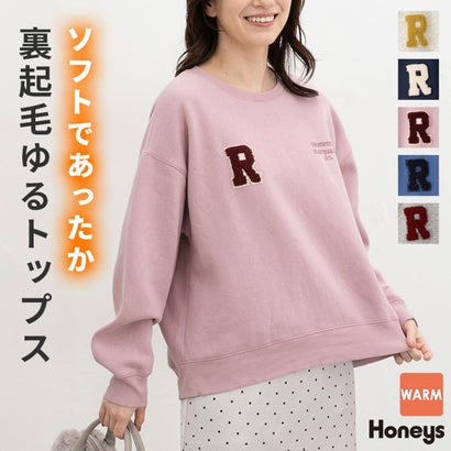 裏起毛ゆるワッペンロゴトップス トップス スウェット 長袖 ハニぽか あったか ゆったり サガラ刺繍 ワッペン ロゴ クルーネック レディース （杢グレー）｜詳細画像