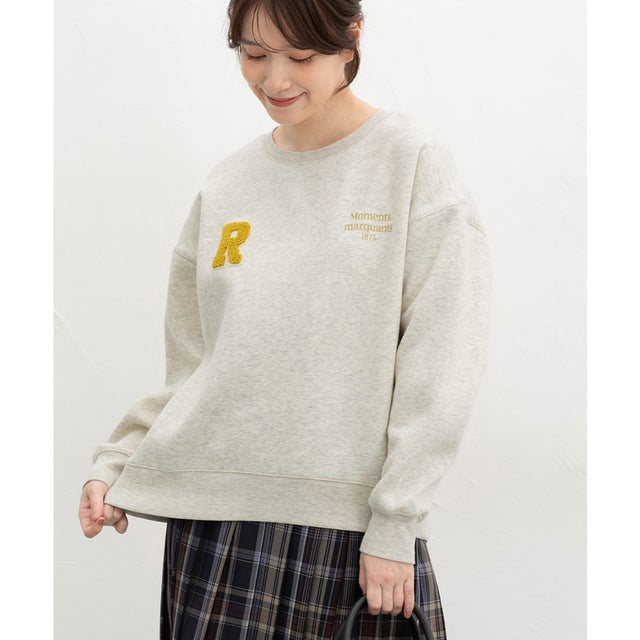 裏起毛ゆるワッペンロゴトップス トップス スウェット 長袖 ハニぽか あったか ゆったり サガラ刺繍 ワッペン ロゴ クルーネック レディース （オートミール）