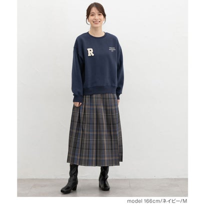 裏起毛ゆるワッペンロゴトップス トップス スウェット 長袖 ハニぽか あったか ゆったり サガラ刺繍 ワッペン ロゴ クルーネック レディース （ブルー）｜詳細画像