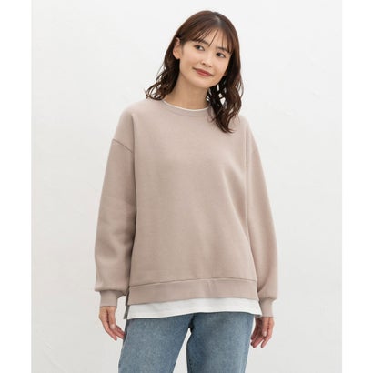 裏起毛ゆるレイヤード風トップス トップス スウェット 長袖 ハニぽか あったか ゆったり 裏起毛 レイヤード風 配色 レディース （ベージュ）｜詳細画像