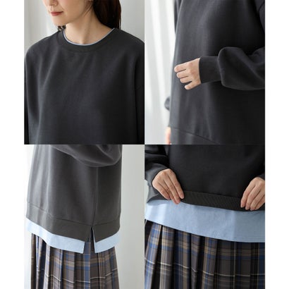 裏起毛ゆるレイヤード風トップス トップス スウェット 長袖 ハニぽか あったか ゆったり 裏起毛 レイヤード風 配色 レディース （ベージュ）｜詳細画像