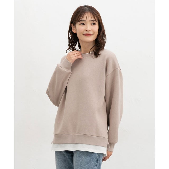 裏起毛ゆるレイヤード風トップス トップス スウェット 長袖 ハニぽか あったか ゆったり 裏起毛 レイヤード風 配色 レディース （ベージュ）