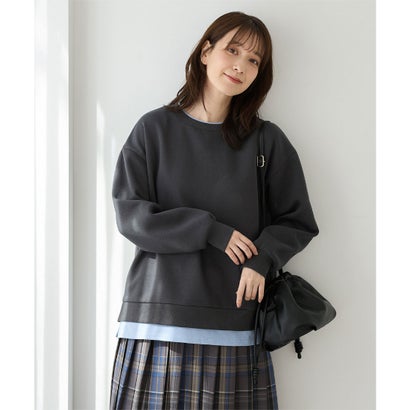裏起毛ゆるレイヤード風トップス トップス スウェット 長袖 ハニぽか あったか ゆったり 裏起毛 レイヤード風 配色 レディース （スミクロ）｜詳細画像