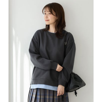 裏起毛ゆるレイヤード風トップス トップス スウェット 長袖 ハニぽか あったか ゆったり 裏起毛 レイヤード風 配色 レディース （スミクロ）｜詳細画像