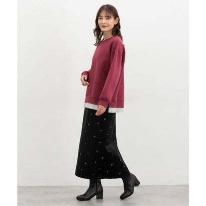 裏起毛ゆるレイヤード風トップス トップス スウェット 長袖 ハニぽか あったか ゆったり 裏起毛 レイヤード風 配色 レディース （スミクロ）｜詳細画像