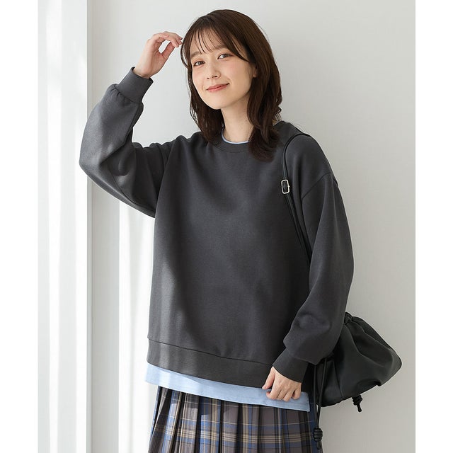 裏起毛ゆるレイヤード風トップス トップス スウェット 長袖 ハニぽか あったか ゆったり 裏起毛 レイヤード風 配色 レディース （スミクロ）